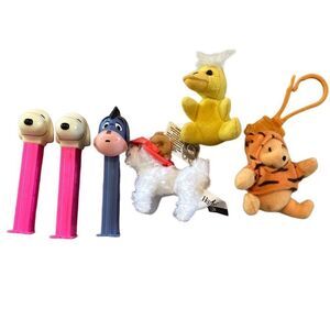 Lot of 6 Mini Plush Pez Dispenser Lot Disney Snoopy Charlie Brown Winnie The Poo